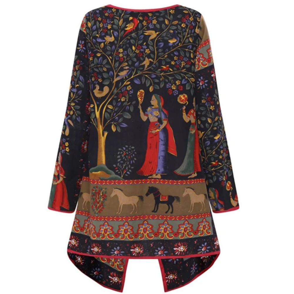 Women Vintage Print Blouse Plus Size O Neck Long Sleeve Shirt Ladies Casual Loose Cotton blend Womens Tops And Blouses #SW