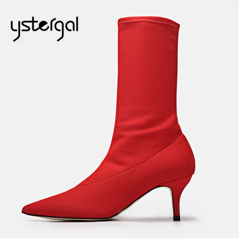 

Ystergal Red Women Ankle Boots Pointed Toe Elastic Sock Boots 7CM High Heel Boot Slip On Women Pumps Stiletto Botas Mujer