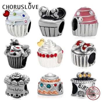 

Choruslove Happy Birthday Cake Charm 925 Sterling Silver Heart Cupcake Beads Fit Original Pandora Charms Gift Bracelets Jewelry