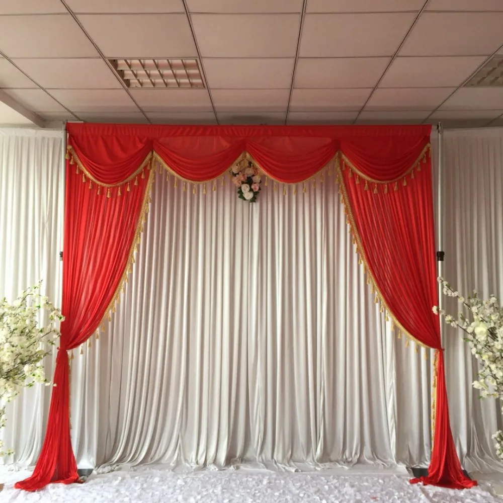 Christmas Hot Sale 3mwx3mh Red With Gold Tassels Backdrop Swags