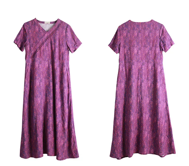 LZJN V-Neck Short Sleeve Dresses New Women High Waist Vintage Purple Color 2019 Summer Cotton Linen Maxi Pockets Dresses (7)