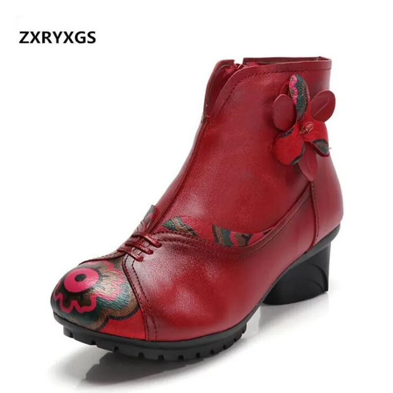 

2018 New Autumn and Winter Real Leather Boots Stitching Printing Fashion Boots Women Shoes Ankle Boots Thick Heel Plus Size