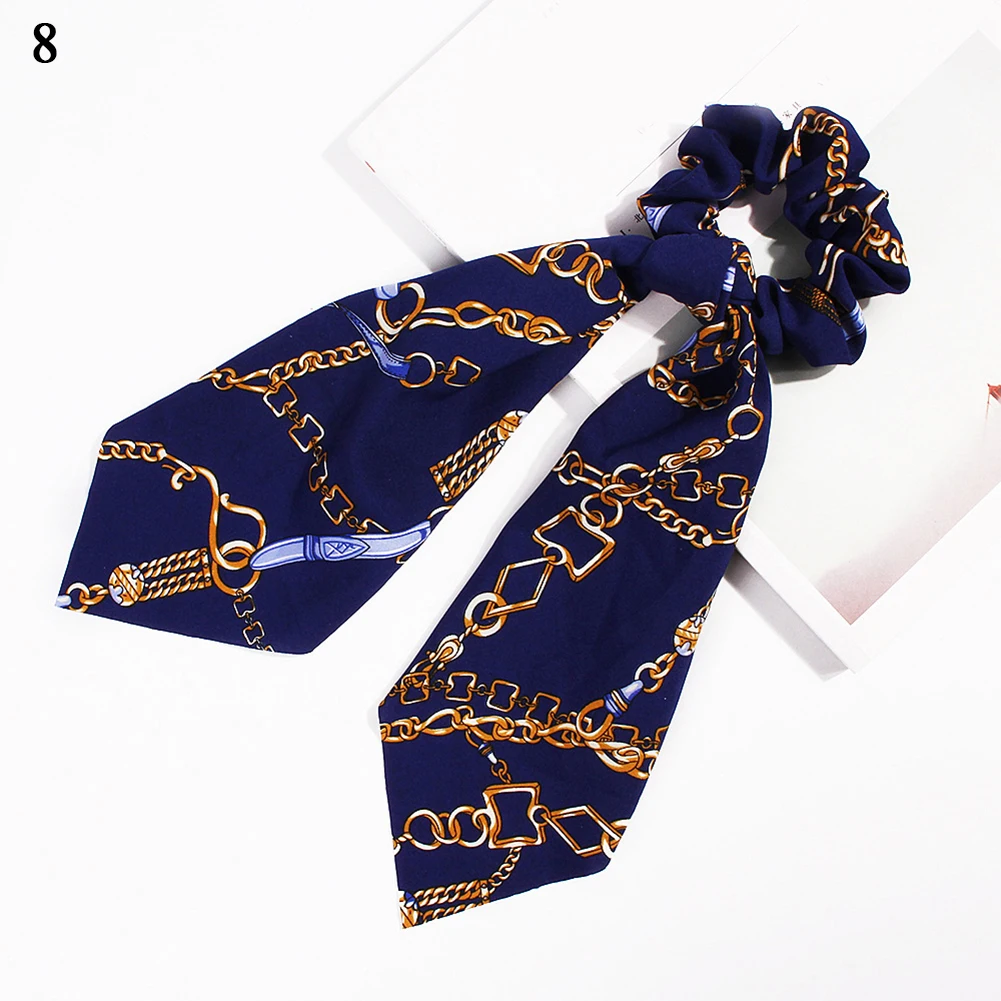 DIY Solid/Floral Print Bow Satin Long Ribbon Ponytail Scarf Hair Tie Scrunchies Women Girls Elastic Hair Bands Hair Accessories - Цвет: A8