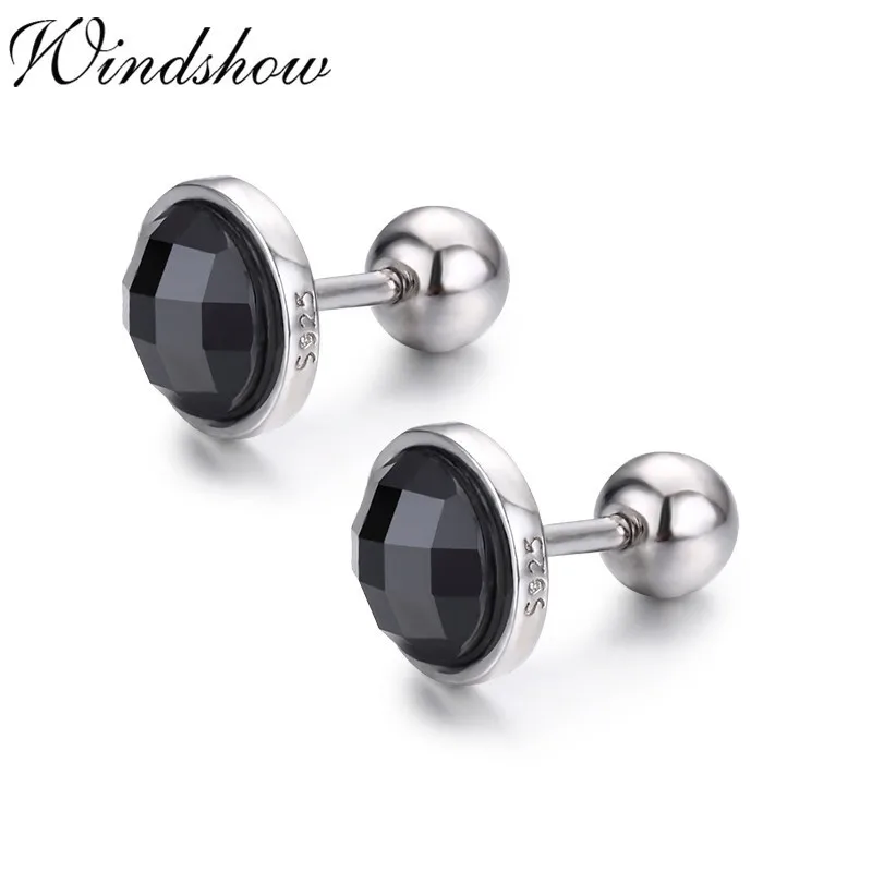 

925 Sterling Silver Round Faced Black Onyx Screw Back Stud Earrings For Women Child Girls Kids Jewelry Orecchini Aros Aretes