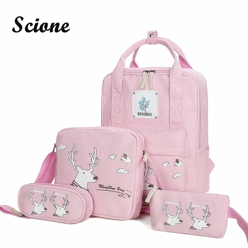 Scione 4PCS Backpack Set Women Student School Bags for Teenager Girls Canvas Bookbags Laptop Backpacks Travel