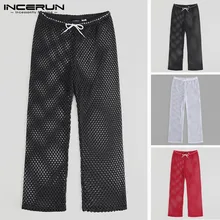 INCERUN модные сетчатые мужские брюки на шнурке прозрачные свободные сексуальные брюки мужские прозрачные дышащие длинные брюки плюс размер