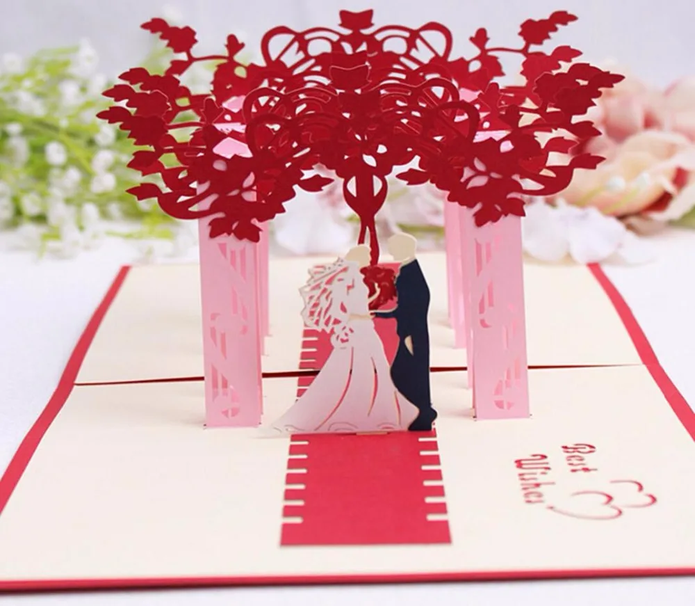 

10pcs 3D Red Trees Forest Couple Handmade Kirigami Origami Wedding Party Invitation Cards Greeding Birthday Card Postcard
