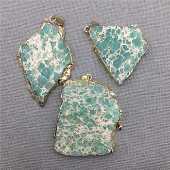 

MY0338 Freeform Green Imperial Jaspers Jewel Slice Gold Electroplated Bail Pendant,Natural Stone Slice Pendant