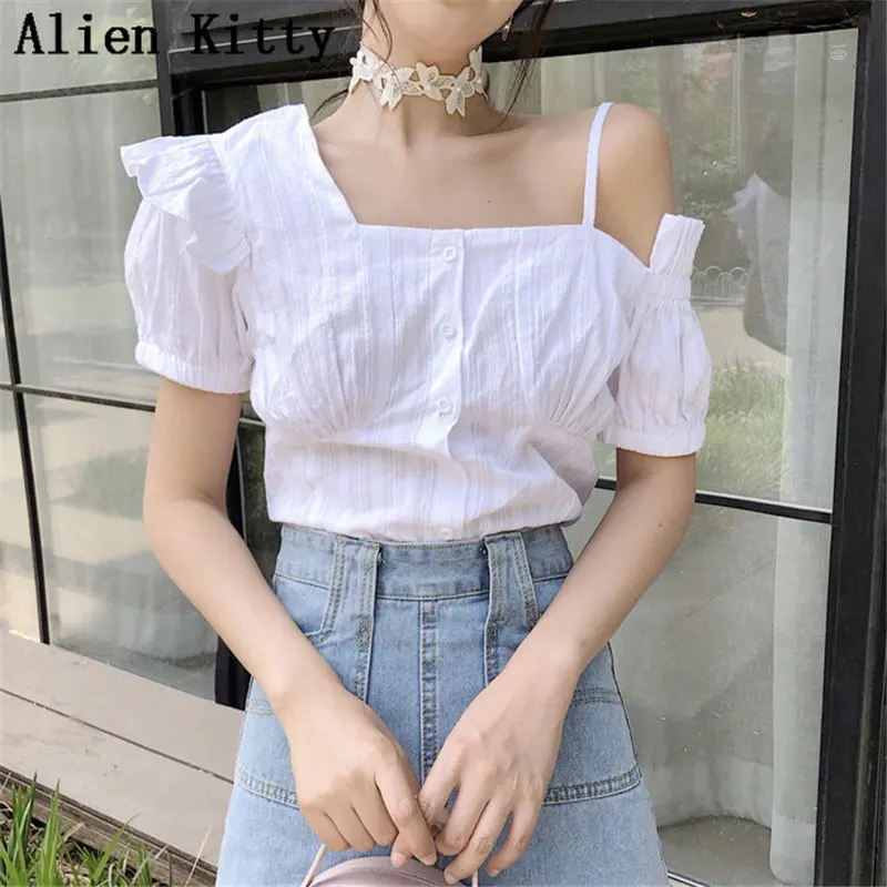 

Alien Kitty White Loose Short Sleeves Skew Collar Buttons 2019 Summer Fresh Simple New Elegant Female Sweet Casual Free Shirt