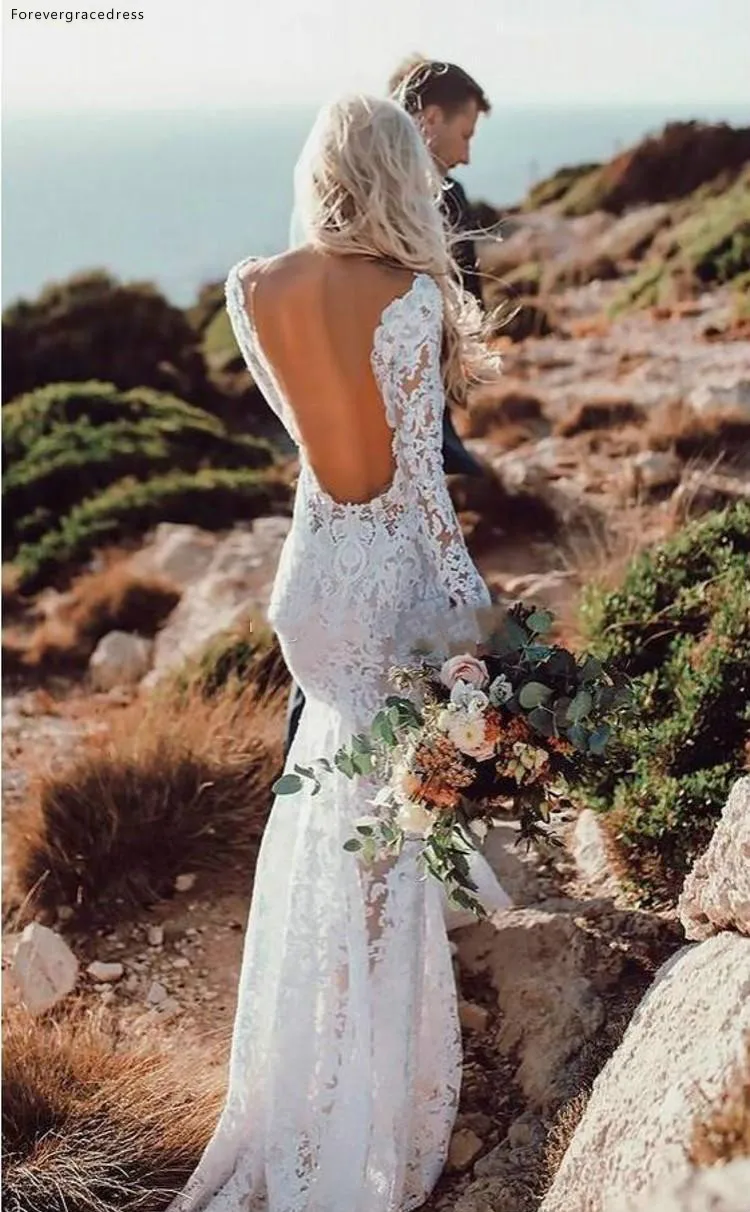 Lace Wedding Dresses Sexy Mermaid Long Sleeves Floor Length Backless Beach Boho Garden Bridal Gowns See Through  145 (1)
