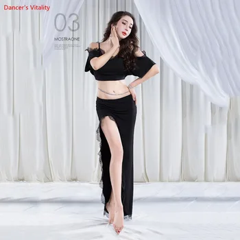 

2018 NEW White/Black Sexy Costumes For Competition Belly Dance Adult Suit Set Of (top + skirt with a slit) 2 Pieces