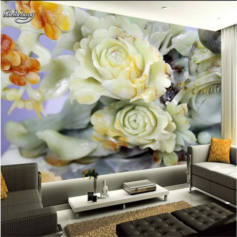 

beibehang High - definition jade carving peony flowers fresco background wall custom large - scale fresco non - woven wallpaper