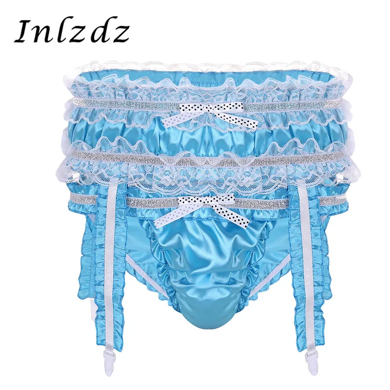 

Mens Sissy Panties Lingerie Soft Shiny Satin Ruffled Frilly Low Rise Stretchy Sissy Bikini Briefs Underwear Panties with Garters