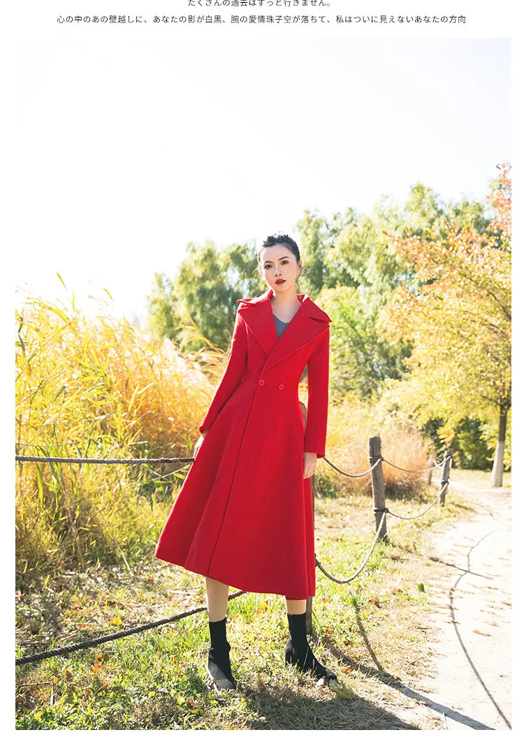 Винтажный стиль, красные длинные пальто feamle с длинным рукавом, тонкая элегантная шерстяная верхняя одежда, осень-зима, новые модные куртки, топы gx1648