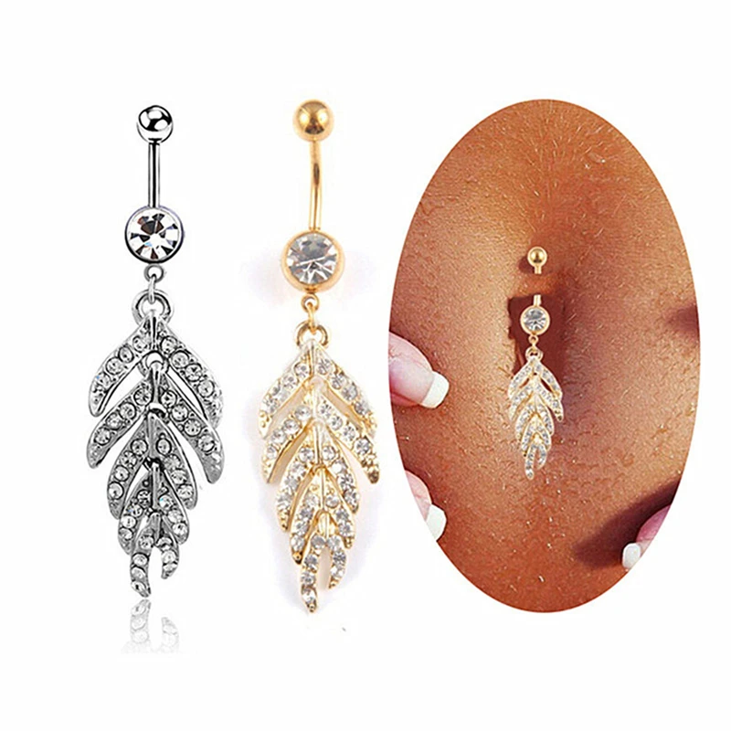 

Sexy Women Leaf Feather Dangle Belly Button Rings Piercing Nombril Navel Ombligo Cubic Zircon Body Piercing Jewelry S4