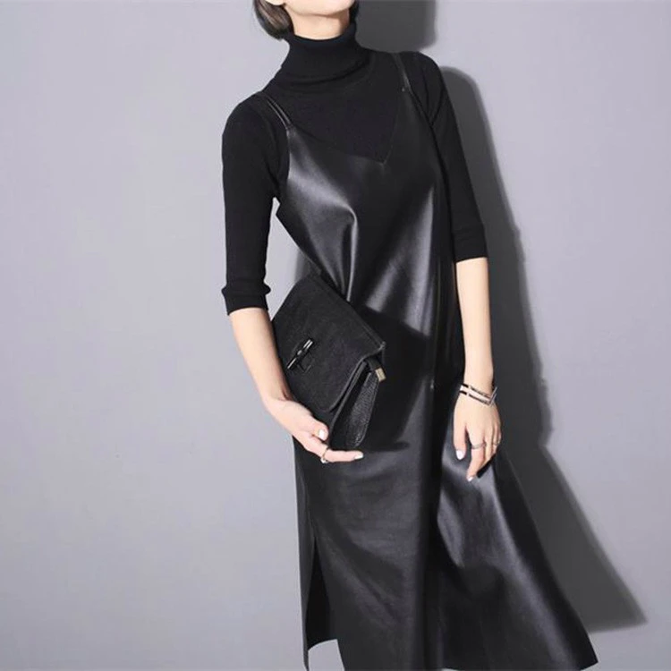 

New European Women Autumn Spring Dress Sleeveless Spaghetti Straps Bottom Split Faux Leather Sexy Long Elegant Dresses Vestidos