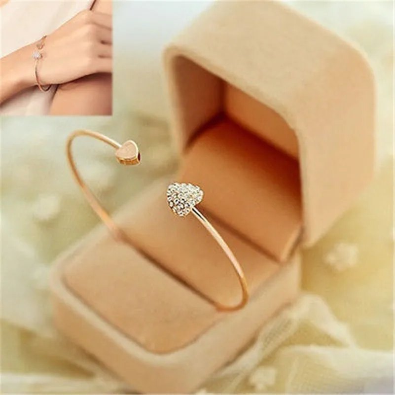 

Girl Simple Love Heart Rhinestone Open Bangle Bracelet
