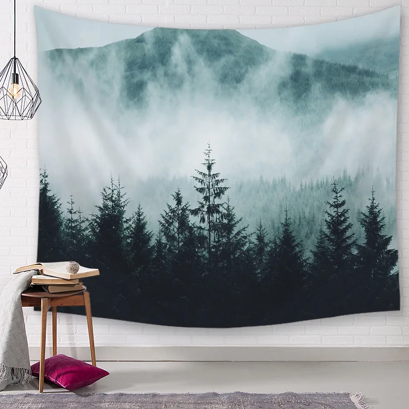 

Misty Forest with Mountains Wall Hanging Tapestry Modern Style Fog Fantasy Magical Trees Landscape Tapestry Thin Blanket