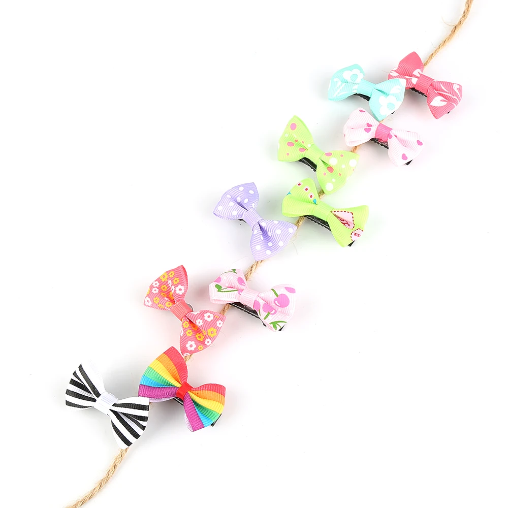 ELECOOL 10pcs Mini Bow Hairgrips Kids Sweet Girls Solid Dot/ Stripe Printing Hair Clips Kids Hairpins Hair Styling Tool