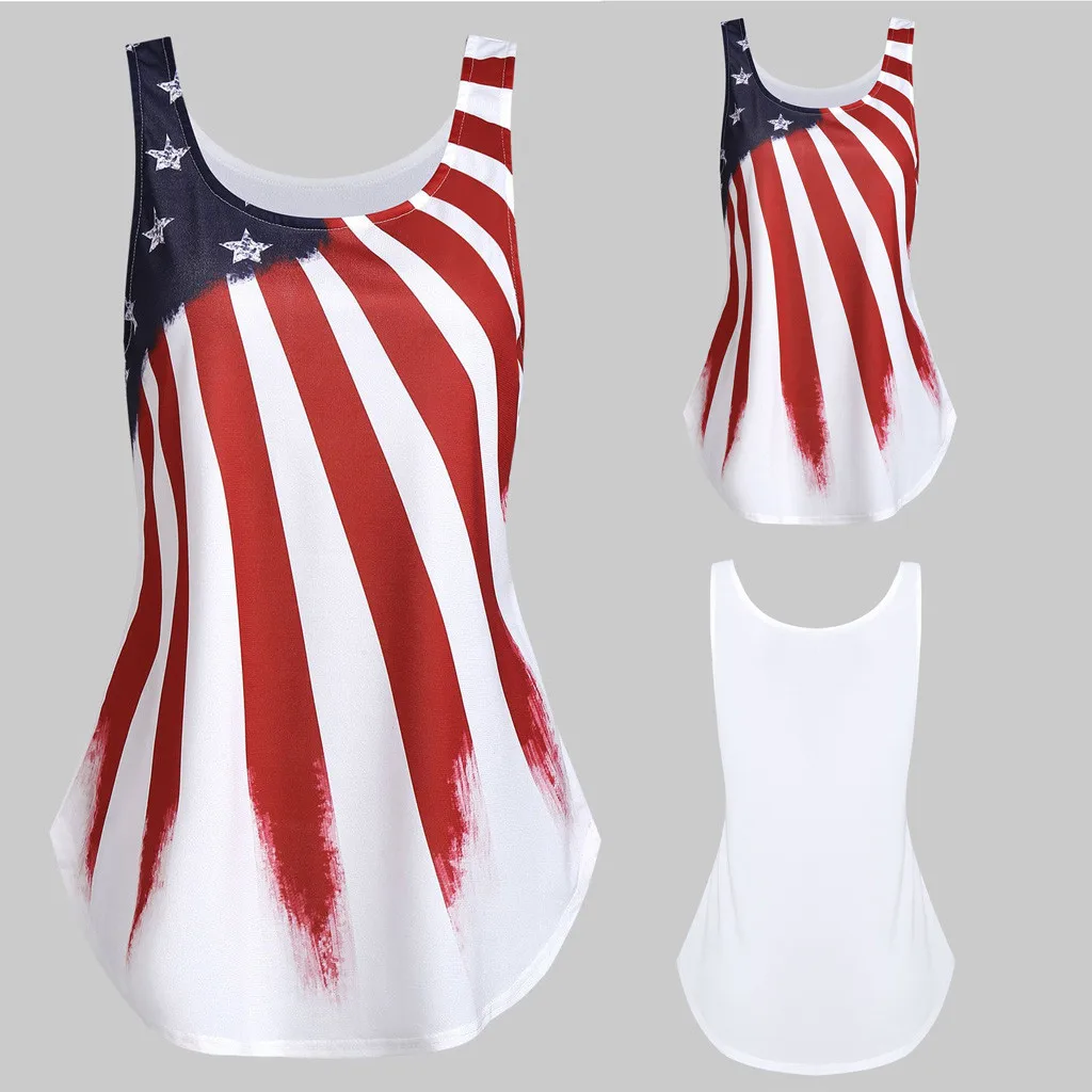 Модная женская блузка с принтом американского флага, круглый вырез, без рукавов, жилет, рубашка, блузка, летняя повседневная свободная Удобная рубашка