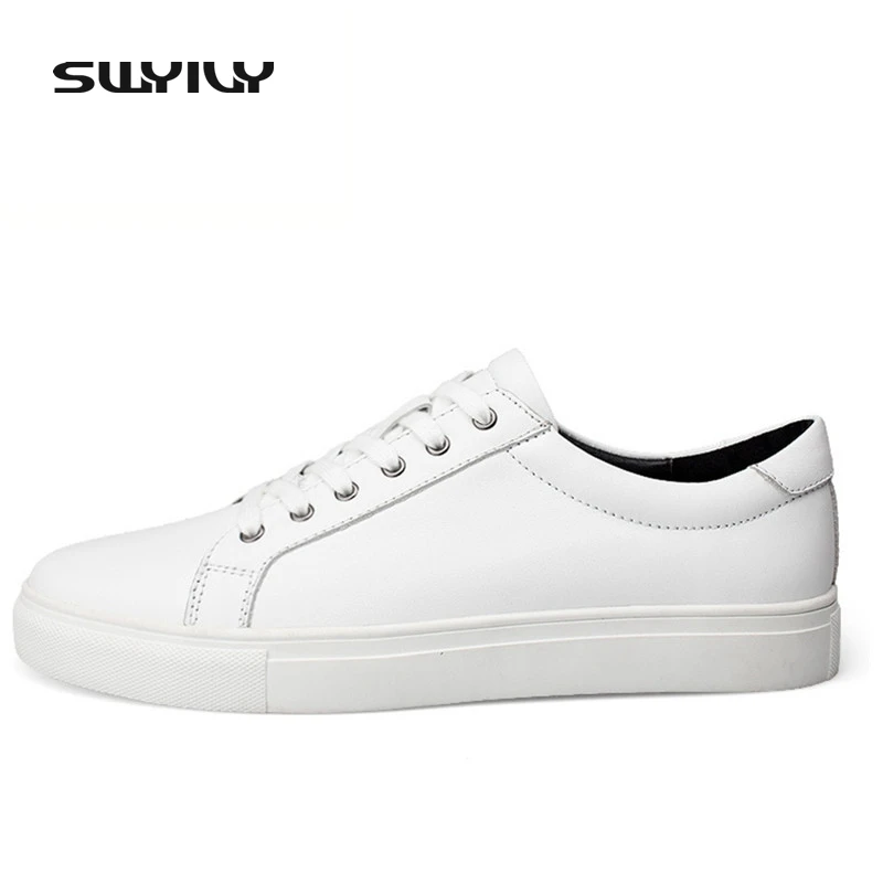 SWYIVY New Spring Autumn Genuine Leather Men Skateboarding Shoes White New Low-cut Lacing  Men Sneakers 37-48 Plus Size