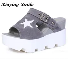 Xiaying Lächeln Sommer Frau Hausschuhe Feste Sandalen Mode Freizeit Wedges Flock Creeper Rutschen Hausschuhe Schnalle Frauen Schuhe