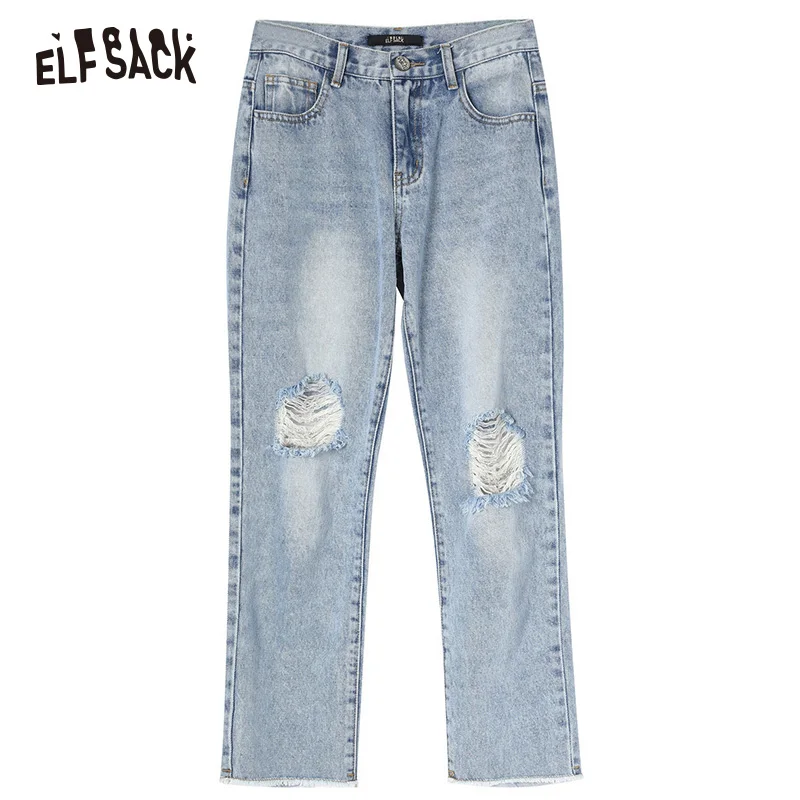 ELFSACK, небесно-голубые потертые джинсовые штаны, уличная одежда, прямые женские джинсы со средней талией, летние модные рваные джинсы для женщин - Цвет: Небесно-голубой