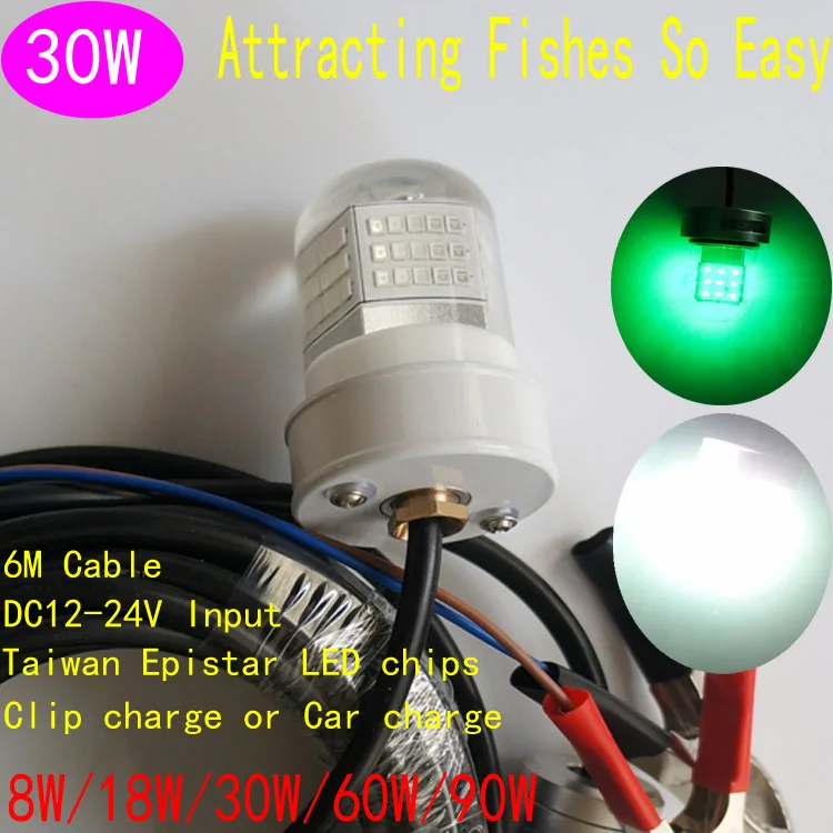 30W LED Green Underwater Submersible Fishing Light 2400LM Squid Dock Piers Lamp