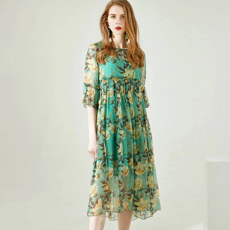 

2019 Spring Romantic Prairie Chic Outside Real Silk Dress Woman 2019 Elegant O-neck Two-pieces Dresses