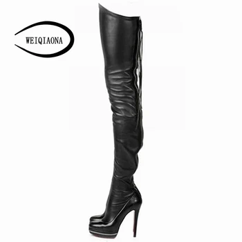 

WEIQIAONA 2018 Women Boots Stretch PU Leather Over The Knee Sexy Ladies Party High Heels Platform Shoes Woman Black Plus size 43