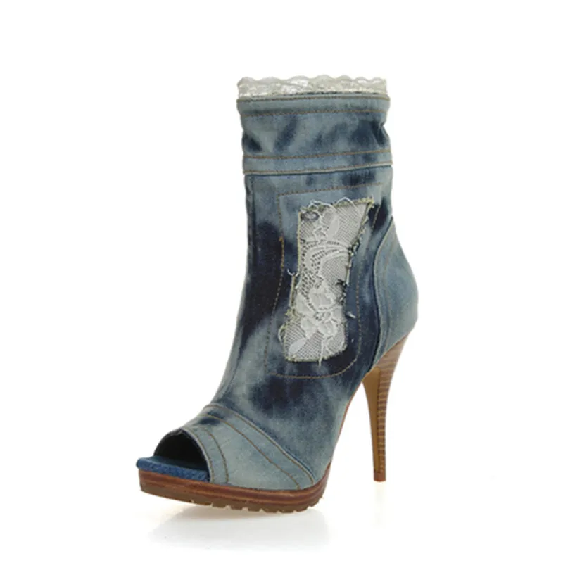 Jady/женские джинсовые ботильоны с открытым носком; Botas Mujer; женские кружевные туфли-лодочки на платформе; женская обувь на высоком каблуке