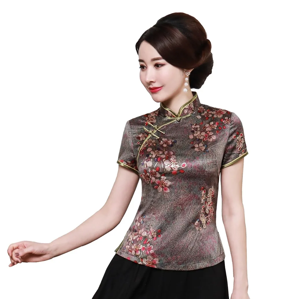 Шанхай история цветочный Cheongsam рубашка Qipao топ с коротким рукавом Китайский традиционный топ из искусственного шелка китайская блузка для женщин