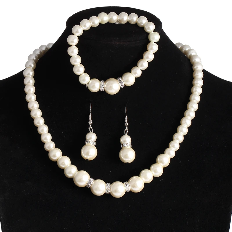 

Trendy Selling Imitation Pearl Jewelry Sets Silver Plated Crystal Elegant African Beads Wedding Necklace Earring Bracelets Sets