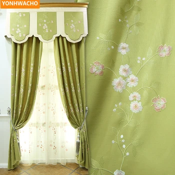 

Custom curtains cotton linen embroidery elegant Chinese garden luxury green cloth blackout curtain tulle valance drape B279