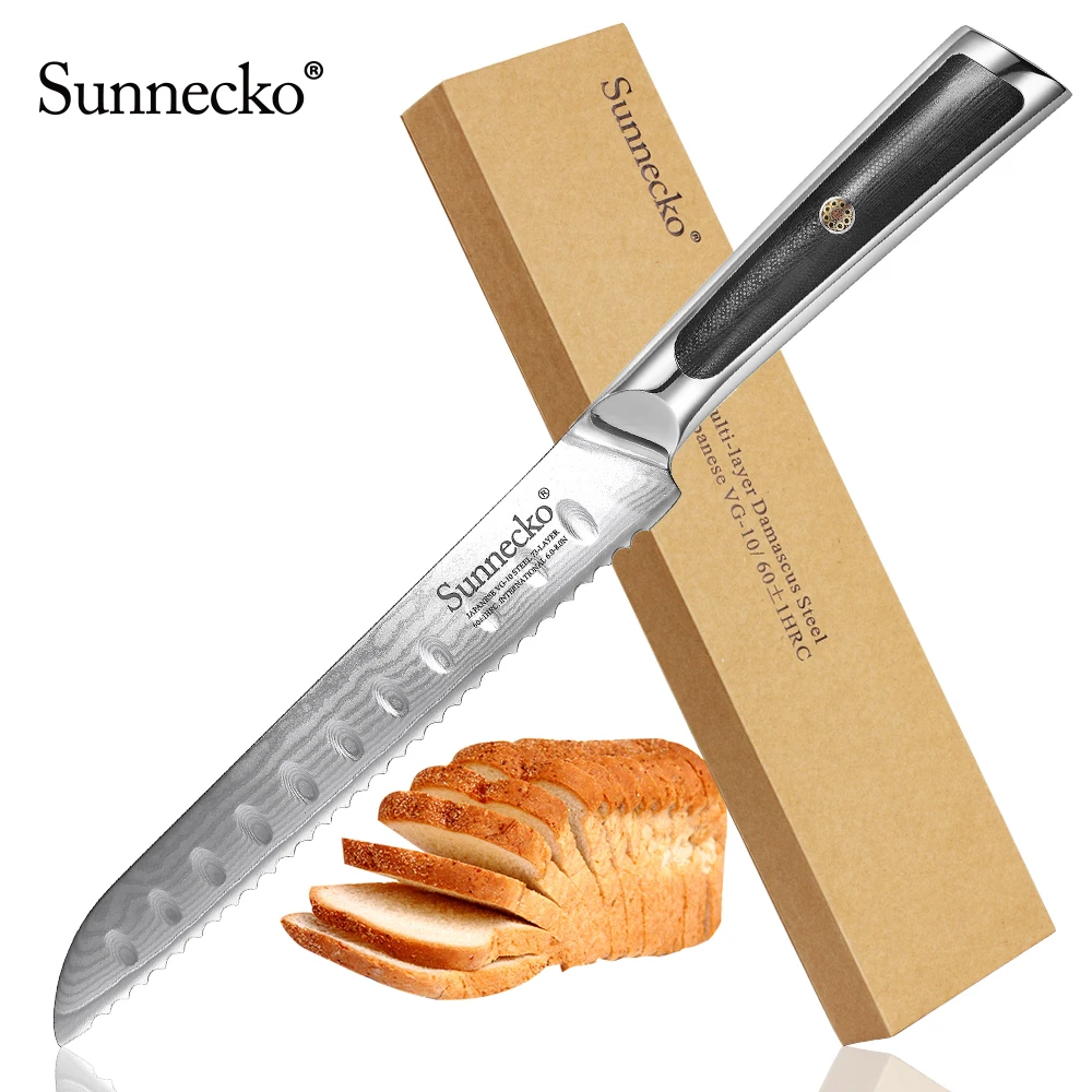 Sunnecko 8" Bread Knife Damascus Steel Blade Kitchen Knives Japanese VG10 Core G10 Handle Bread