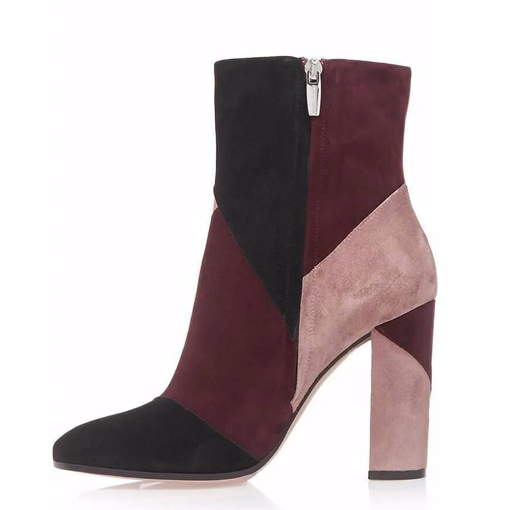 

2016 new fashion square high heel winter boots zip Round toe women's boots With patchwork big size4-15 Customize For Christmas