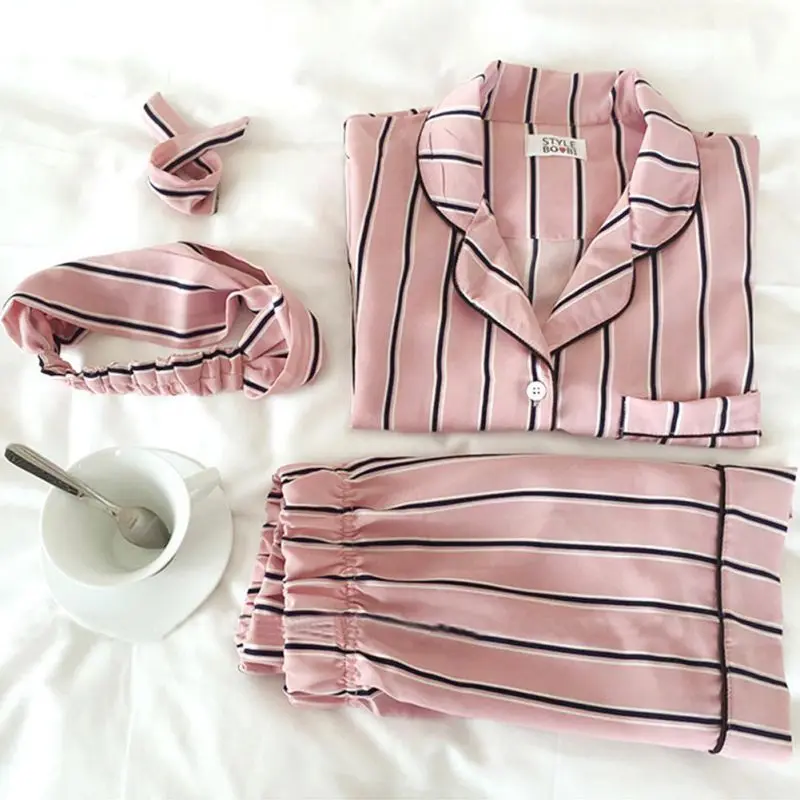 

Summer Women Pajamas Turn-down Collar Sleepwear 3 Piece Set Shirt+Shorts Striped+Headdress Casual Pajama Set pijama de mujer