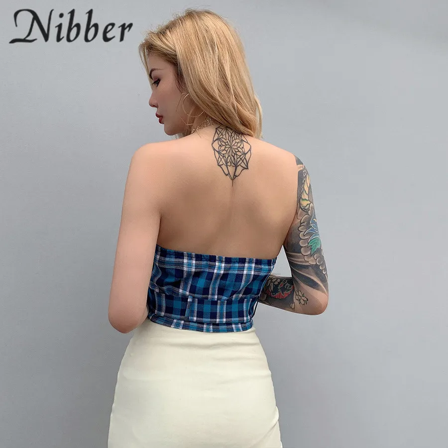 Nibber, летние, синие, клетчатые, элегантные топы, женские майки, модные футболки, сексуальные, вечерние, короткий топ, для диких девушек, с открытыми плечами, бандо