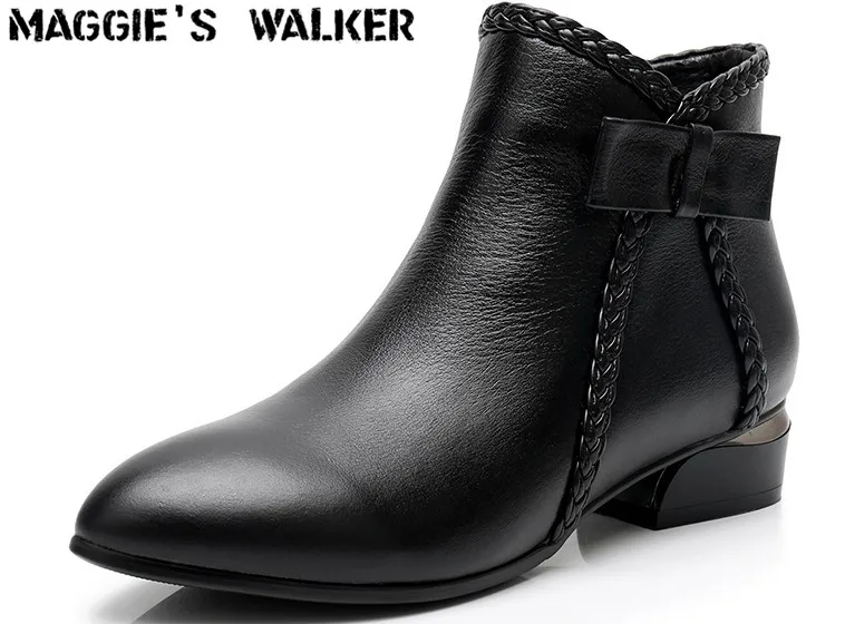 

Maggie's Walker Women Fashion Genuine Leather Boots Autumn and Winter Ankle Boots with Bow-tie Size 35~42 Plus Size