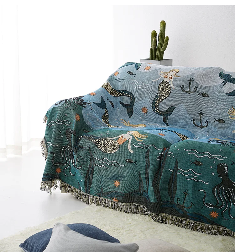 

Cartoon Mermaid Knitted Sofa Throw Blanket Chair Sofa Cover Towel Couch Carpet Soft Cotton Travel Plaids Bedding Tapestry Rug