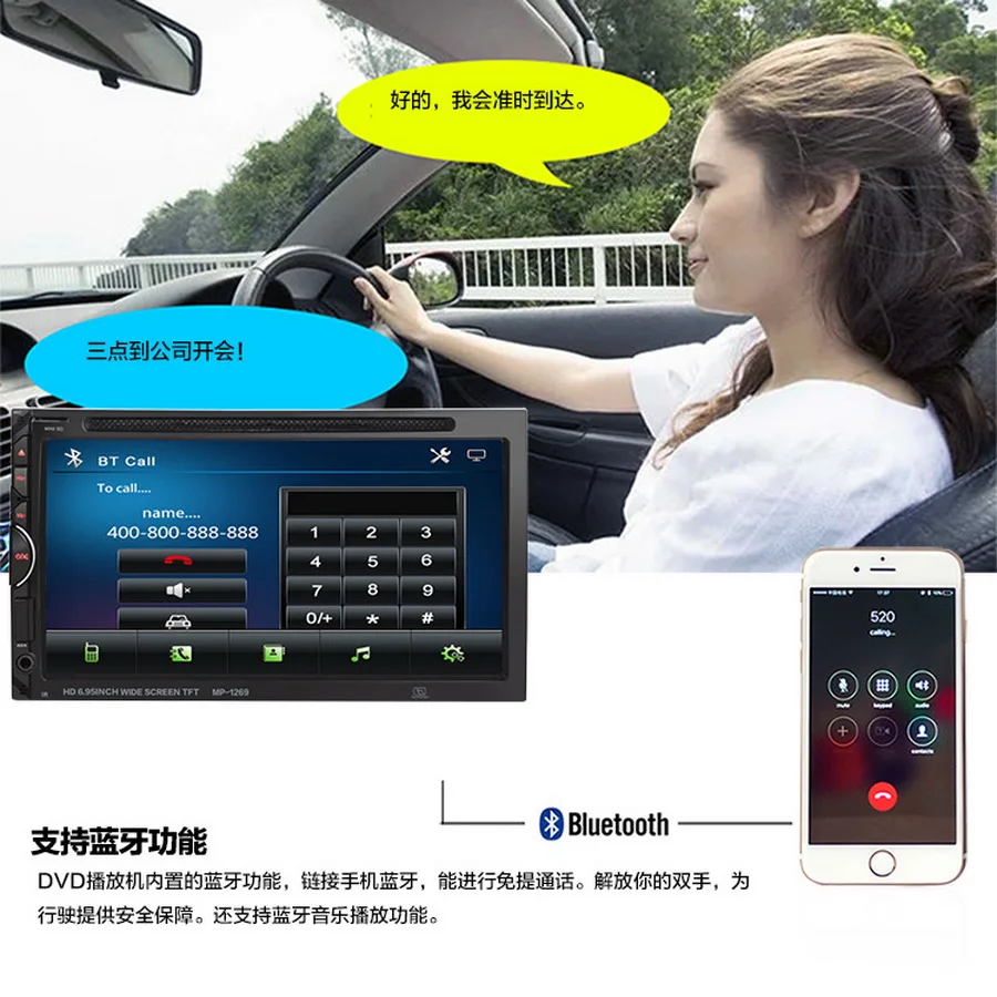 Perfect by DHL or Fedex 5pcs 1269 2 Din 6.95inch Touch Screen Auto Car Multimedia Video DVD CD Player Audio Car Radio USB Bluetooth 5