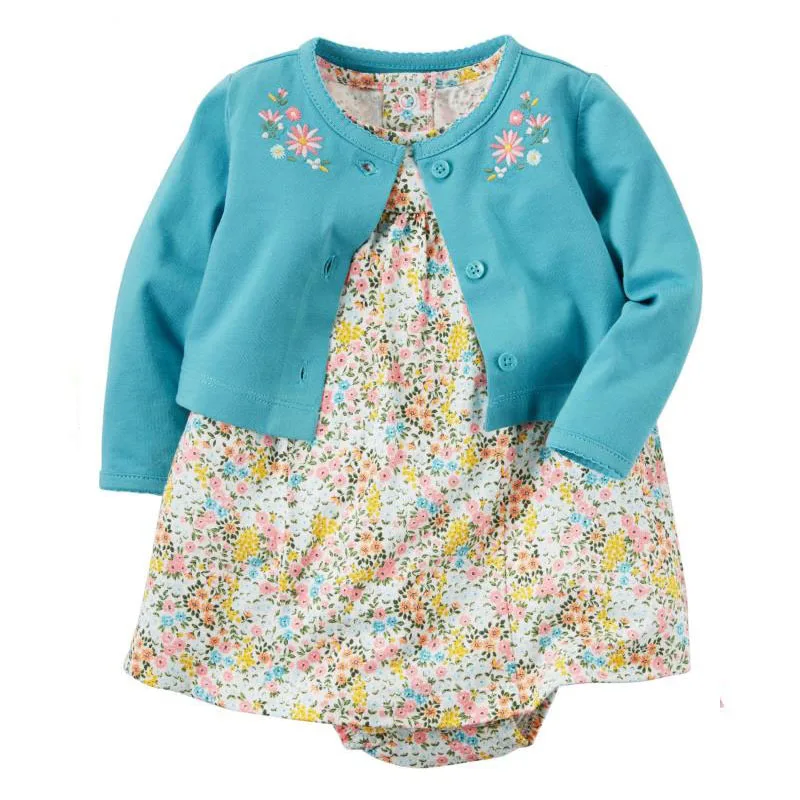 Платье для маленьких девочек, комплект 2 шт., размер от 6 до 24 месяцев кардиган с длинными рукавами+ короткие боди платье Милая одежда с цветочным принтом для новорожденных, Одежда для девочек оптом - Цвет: 4
