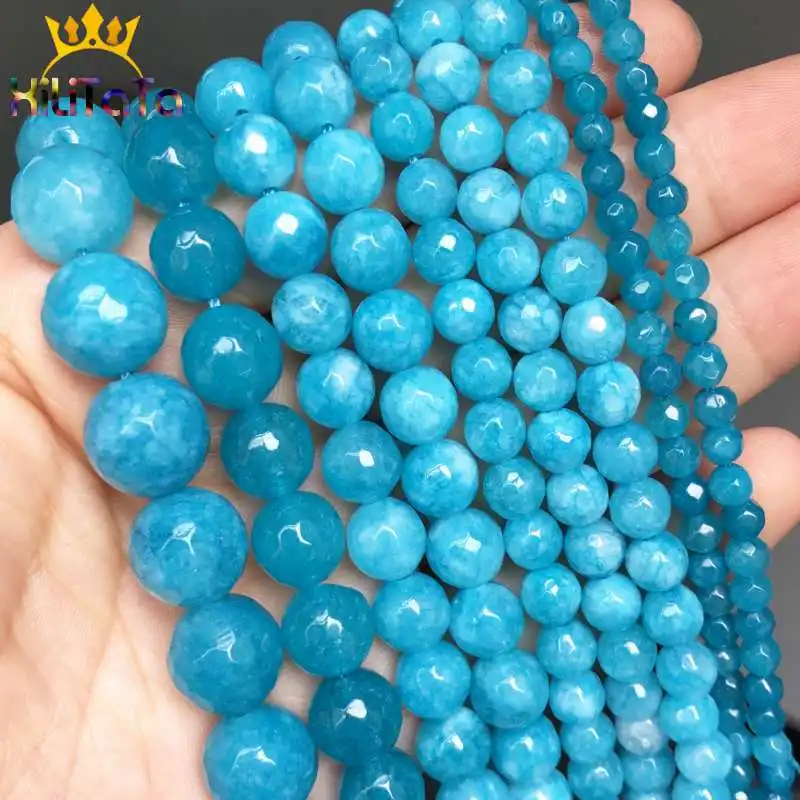 4/6/8/10MM Natural Sky Blue Jade Chalcedony Round Gemstone Loose Beads 15''