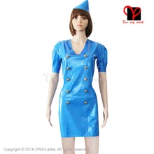 Пикантные синие Косплэй латекс платье стюардессой двубортный равномерное Резиновые Комбинезон сбоку танкетке Большие размеры Bodycon XXXL QZ-016