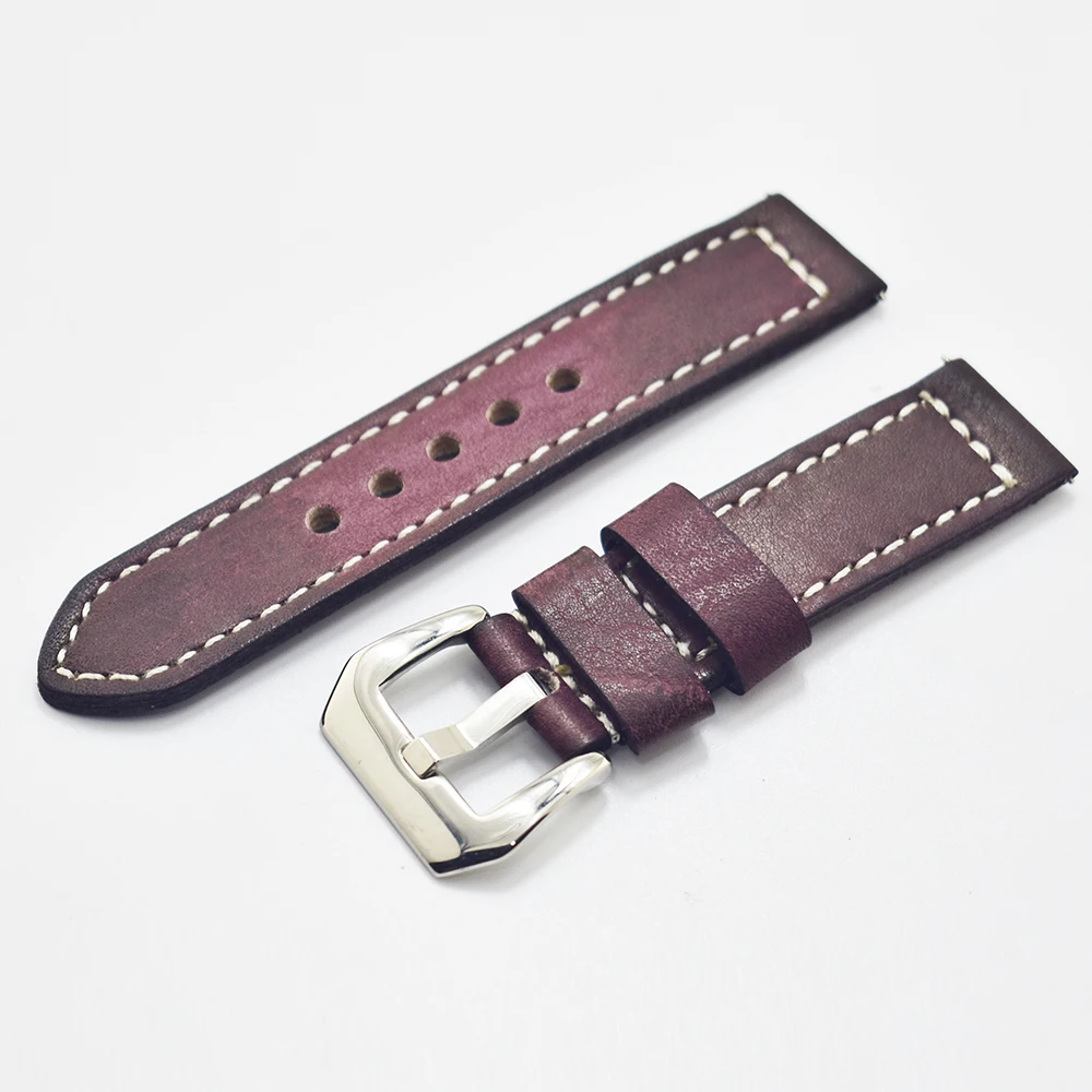 Handmade Vintage Wine Red Genuine Leather Strap Watch Band 20mm 22mm 24mm Bracelet Wrist Belt Watchband Classic Metal Buckle