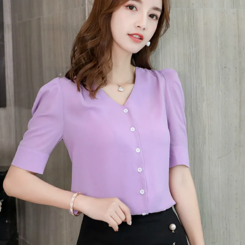 

Summer Women Buttons V Neck Short Sleeve White Chiffon Blouses Casual Slim Office Shirts Streetwear Ladies Plus size 2XL Tops