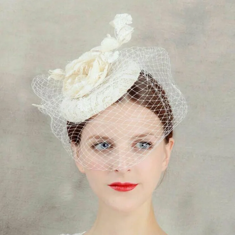 Women Beige Lace Sinamay Fascinator Veil Hat Cocktail Wedding Party