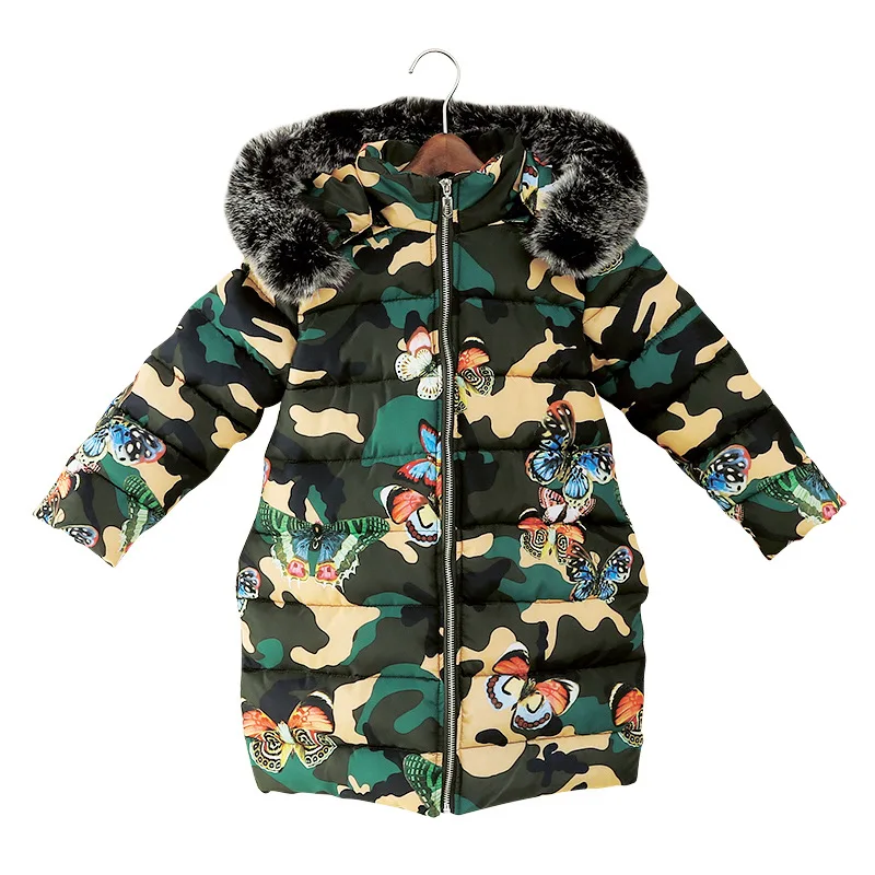 

Girls Clothes Autumn Winter Kid Jacket with Fur Hood Thicken Warm Design Windproof Como Butterfly Print Child Casual Cotton Coat