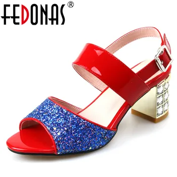 

FEDONAS Fashion Mixed Colors Women Sandals 2019 Summer New Genuine Leather Peep Toe Square Heeled Shoes Woman Party Prom Shoes