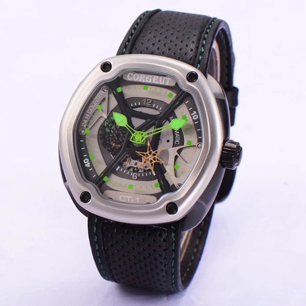 

Corgeut 46mm Black PVD Case Gray Dial Green hands leather strap luxury top brand Mechanical Japan Miyota Automatic Men watch
